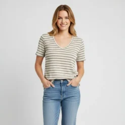 ONLY Tee shirt Manu rayé col v maille Femme MARRON Online