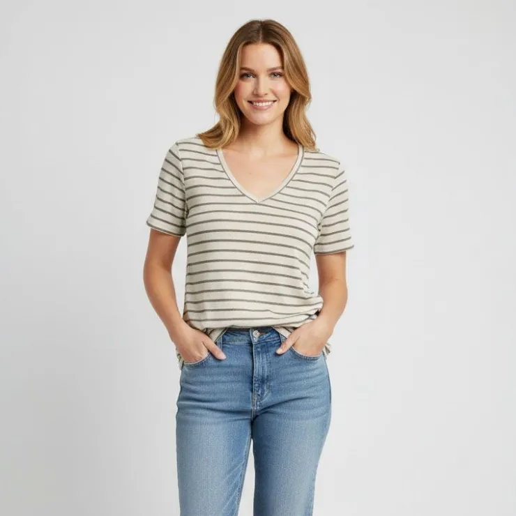 ONLY Tee shirt Manu rayé col v maille Femme MARRON Online