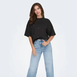 ONLY Tee shirt col rond manches 3/4 avec strass blancs Femme NOIR Hot