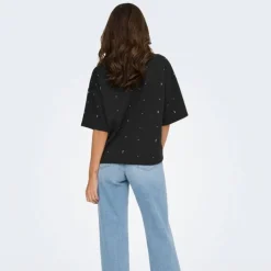 ONLY Tee shirt col rond manches 3/4 avec strass blancs Femme NOIR Hot