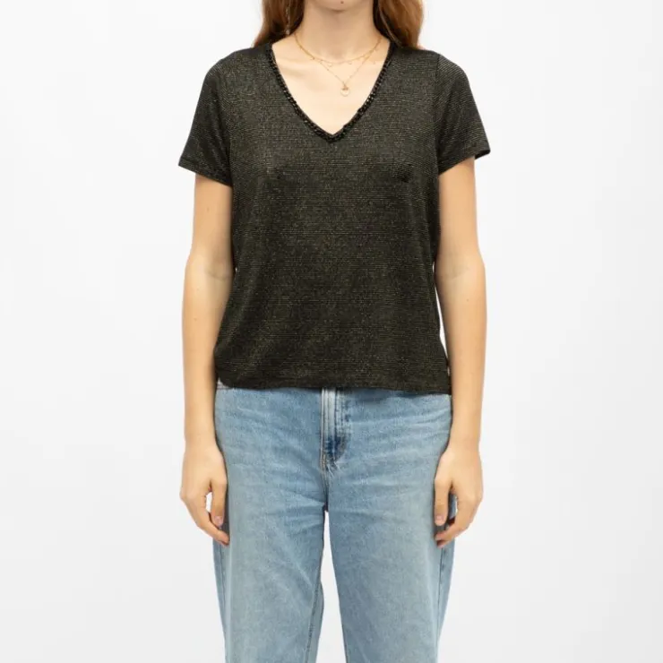 DEELUXE 74 Tee shirt col V oxane à rayures Femme NOIR