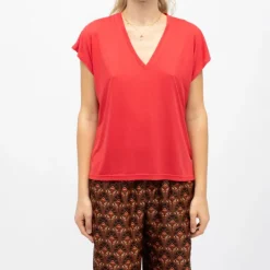 LA PETITE ETOILE Tee shirt marcelina col V manches courtes Femme ROUGE Outlet