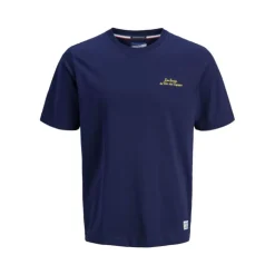 JACK & JONES Tee shirt uni col ras de cou coton imprimé texte Homme BLEU FONCE Clearance