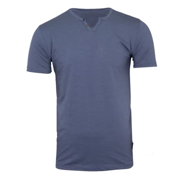 BLAGGIO Tee shirt uni manu-b col v avec boutons Homme BLEU PETROLE Hot
