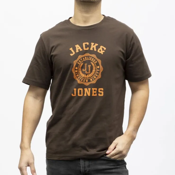 JACK & JONES Tee shirt victo coton imprimé logo blason Homme MARRON FONCE New