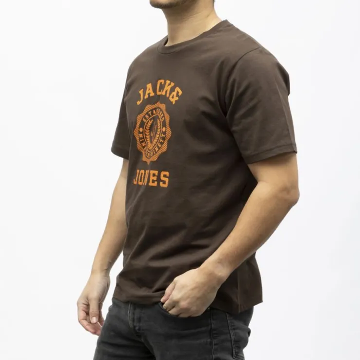JACK & JONES Tee shirt victo coton imprimé logo blason Homme MARRON FONCE New