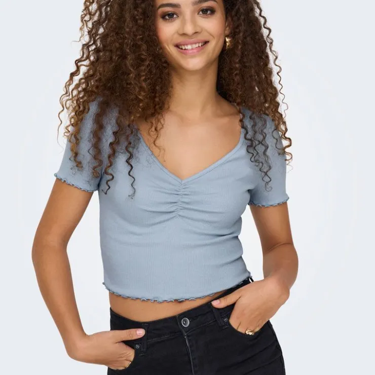 ONLY Top crop betty col v manches courtes Femme BLEU Clearance