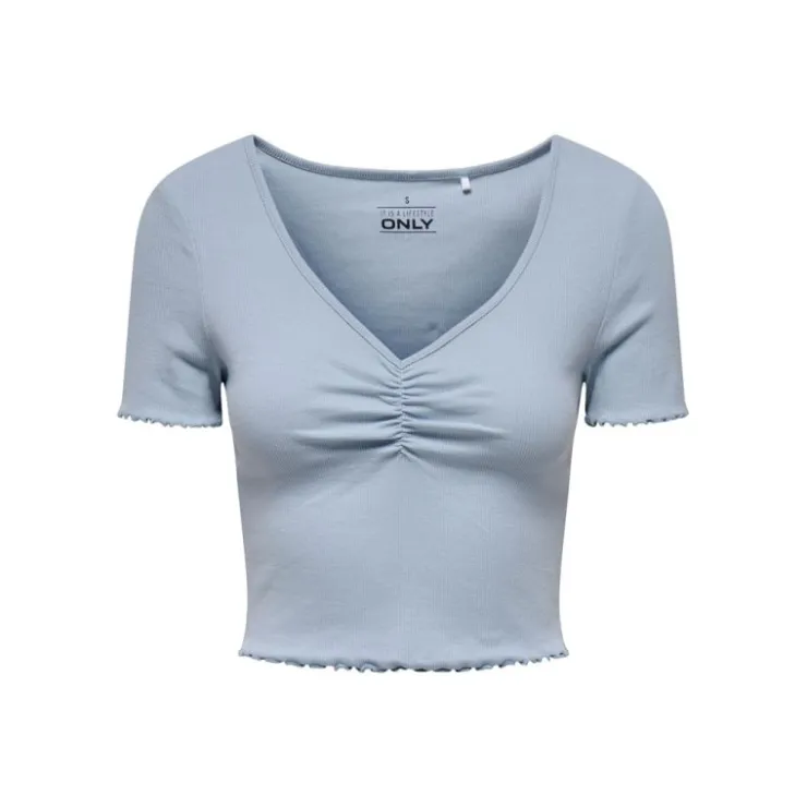 ONLY Top crop betty col v manches courtes Femme BLEU Clearance