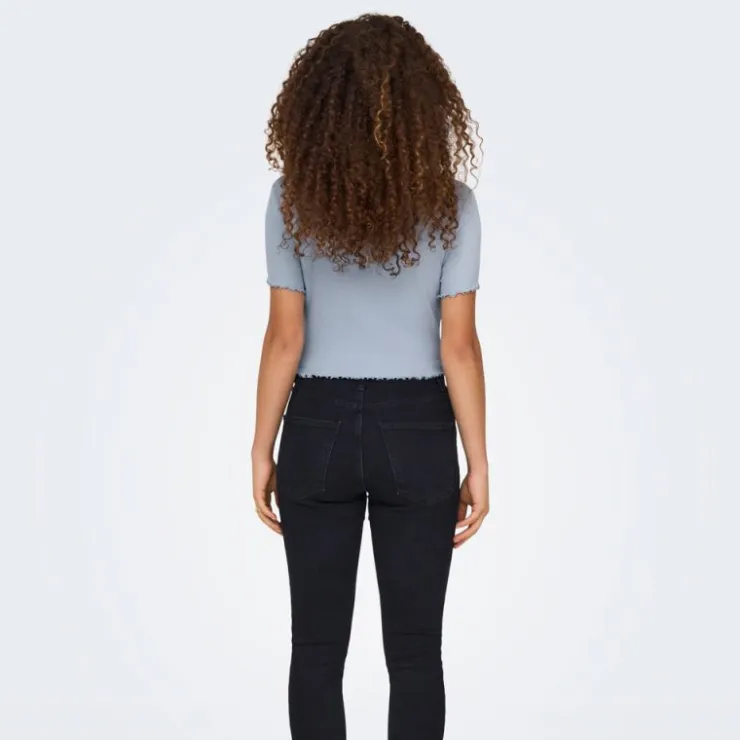 ONLY Top crop betty col v manches courtes Femme BLEU Clearance