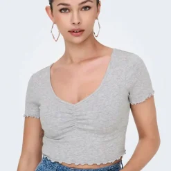 ONLY Top crop betty col v manches courtes Femme GRIS CLAIR