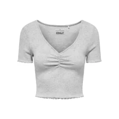 ONLY Top crop betty col v manches courtes Femme GRIS CLAIR