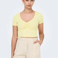 ONLY Top crop betty col v manches courtes Femme JAUNE New