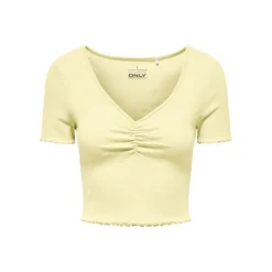 ONLY Top crop betty col v manches courtes Femme JAUNE New