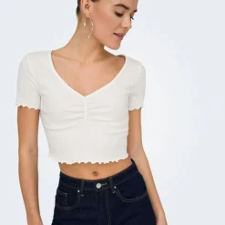 ONLY Top crop betty col v manches courtes Femme BLANC New