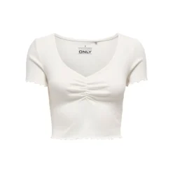 ONLY Top crop betty col v manches courtes Femme BLANC New
