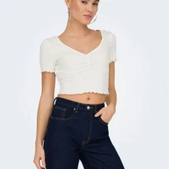 ONLY Top crop betty col v manches courtes Femme BLANC New