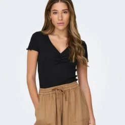 ONLY Top crop betty col v manches courtes Femme NOIR Sale