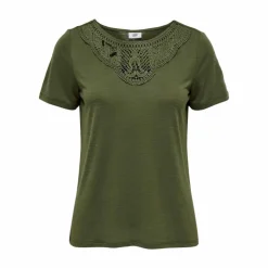 JDY Top manches courtes col rond détail dentelle uni Femme KAKI Sale