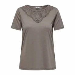 JDY Top manches courtes col rond détail dentelle uni Femme MARRON Outlet