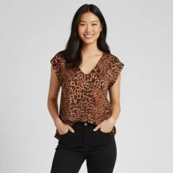 IMPERIAL Top manches courtes col v imprimé animal Femme MARRON CLAIR New