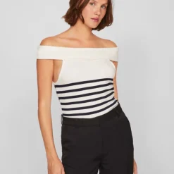 VILA Top épaules dénudés marinière cloud dancer Femme BLANC ECRU Clearance