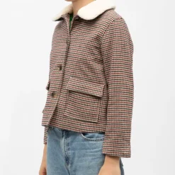 LA PETITE ETOILE Veste courte à carreaux nattie col moutonné Femme BEIGE New