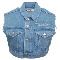 CALVIN KLEIN Veste crop top sans manches jean "This is Love" Femme BLEU Sale