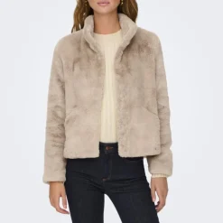 ONLY Veste fausse fourrure Vida col montant Femme BEIGE New