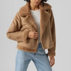 VERO MODA Veste peggy col italien fausse fourrure zippée Femme MARRON Clearance