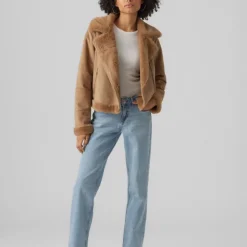 VERO MODA Veste peggy col italien fausse fourrure zippée Femme MARRON Clearance